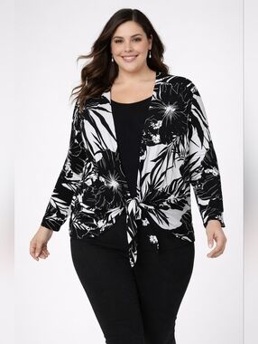 Black White Tropical Cardigan 1X Tie Front Chic Vacation Casual